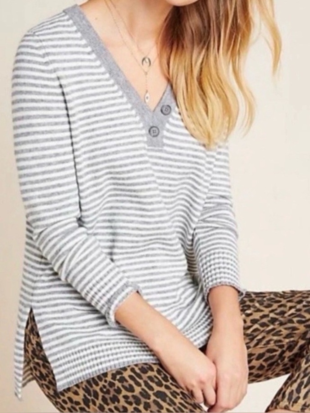 A+ by Anthropologie Serena Gray Striped V-Neck Button Sweater Plus Size 2X